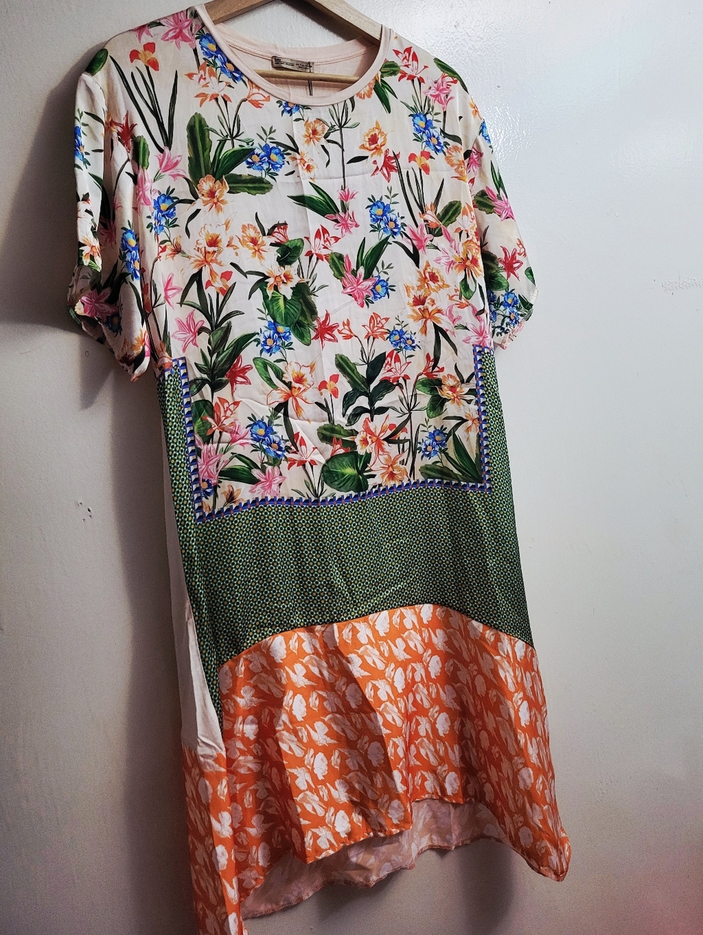 Zara Floral Tropical Midi Dress in Cream, Green & Orange